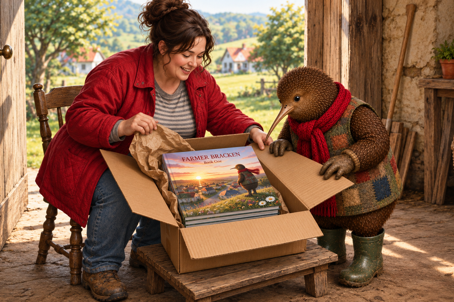 Creator and Farmer Bracken unboxing the first book